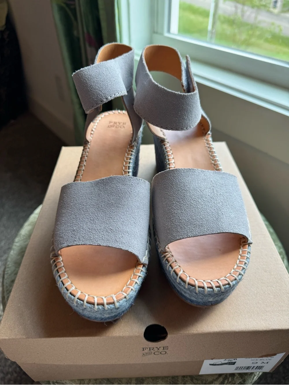 FRYE AND CO. Grayish Blue Suede Ankle-Strap Gradient Espadrille Wedges